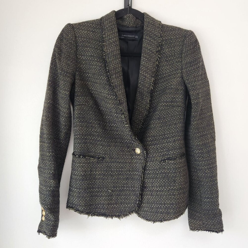 Zara Woman Tweed Blazer Jacket Career Professional Green Black Women's XS